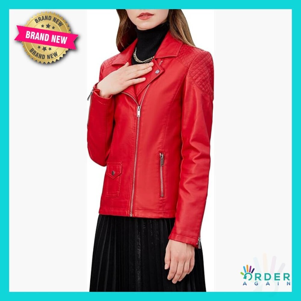 Faux Leather Moto Jacket Quilted Biker Coat Classic Windproof Zip Up Outwear